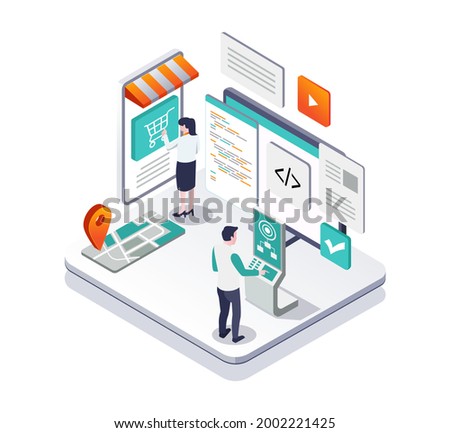 Isometric illustration design concept. e-commerce web developer and maintenance