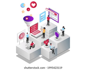Isometrisches Design-Konzept für Illustrationen. Filtern von Social Media-Marketing