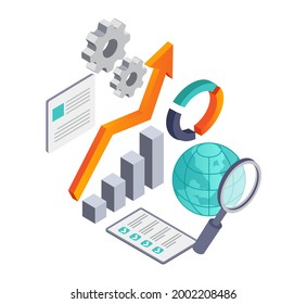 Isometric illustration design concept. investment data analysis and business growth planning