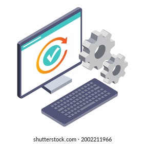 Concepto de diseño de ilustración isométrica. proceso de mantenimiento y progreso de instalación
