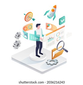 
Isometric illustration design concept. a man launches a rocket and looks successful
