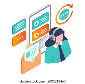 Isometric illustration design concept. non-stop communication and customer service support