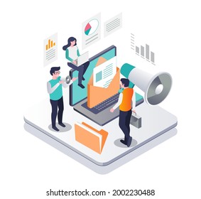 Isometrisches Design-Konzept für Illustrationen. Werbung per E-Mail und Lautsprecher
