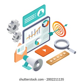 Isometric illustration design concept. search and analyze data with email marketing