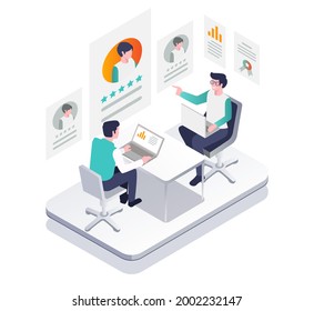 Isometrisches Design-Konzept für Illustrationen. Suche und Auswahl eines professionellen Teams