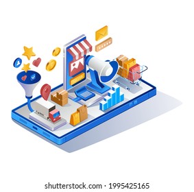 Concepto de diseño de ilustración isométrica. smartphone con equipo de compra en línea