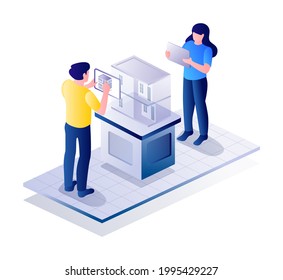 Isometric illustration design concept. someone photographing chairs, houses, machines and kitchen