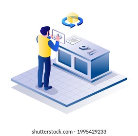 Isometric illustration design concept. someone photographing chairs, houses, machines and kitchen