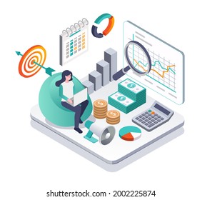 Isometric illustration design concept. successful woman with money and investment analysis data