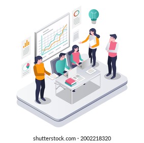 Isometrisches Design-Konzept für Illustrationen. Teambesprechung und neue Mitarbeiterprüfung