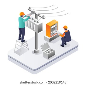 Isometric illustration design concept. a technician repairs and maintains electrical panels