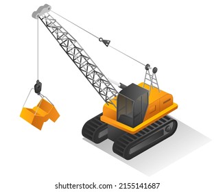 Isometric illustration design concept. truck tower crane excavator