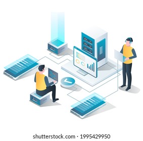 Isometric illustration design concept. web and blog development platform