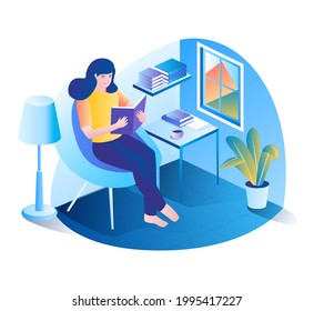 Isometric illustration design concept. woman reading a book