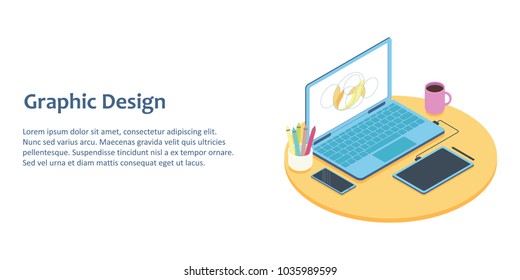 Isometric Illustration Of Designer Workplace With Computer And Graphics Tablet. For Concept Of Office Workspace