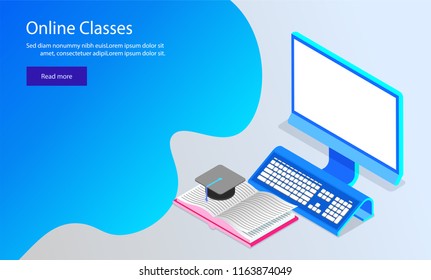Isometric illustration of desktop with book and graduation cap on shiny blue background. Online Classes concept web template design.