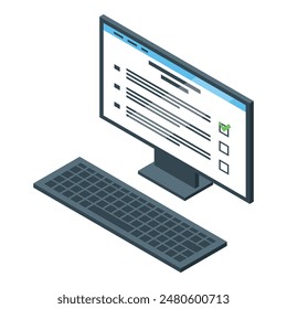 Isometric illustration of a desktop computer displaying an online checklist with a checkmark