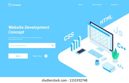 Isometric illustration of desktop with  different programing languages or work place of a developer, responsive web template design for Website Development concept.