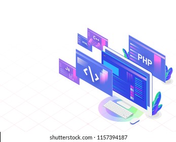 Isometric illustration of desktop with different programing languages and splash screens for Software development programming responsive landing page.