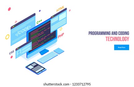Isometric illustration of desktop, smartphone with different coding languages and splash screens for Programming and Coding Technology concept.