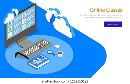 Isometric illustration of desktop with study material on blue and white background for Online Classes concept based web template design.