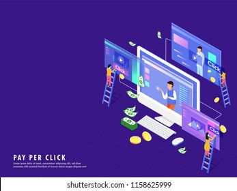 Isometric illustration of desktop with video play screen, money and coin stack, people buy or make online payment. Pay Per Click or online payment concept isometric design.