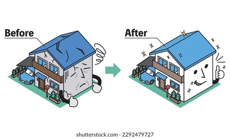 It is an isometric illustration of a detached house that has been renovated with a roof and outer walls.