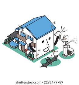 It is an isometric illustration of a detached house that exterminated the pest of bats.