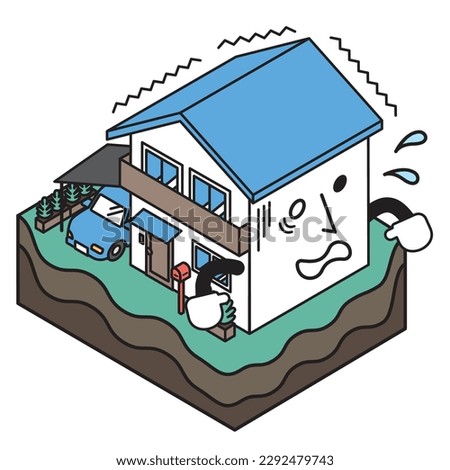 It is an isometric illustration of a detached house that is damaged by land subsidence.