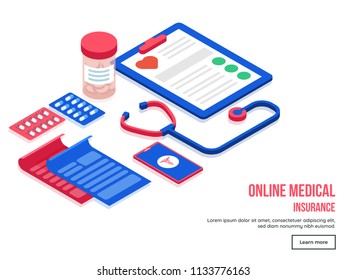 Isometric illustration of different medical services, equipments and documents for Online Medical Insurance landing page design.