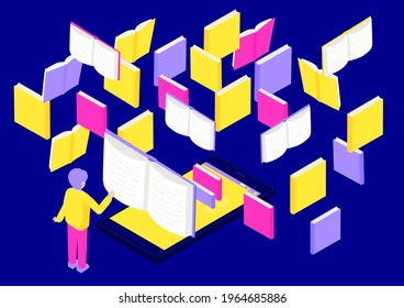 Isometric illustration of digital books image.