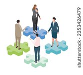 An isometric illustration of a disorganized business team with a puzzle motif.