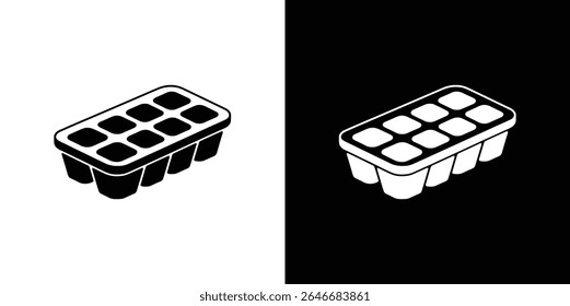 Isometric illustration displaying two ice cube trays, one black on a white background, and the other white on a black background, each containing six square ice molds.