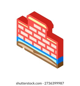Isometric illustration displaying a wall foundation with a brick structure, soil layers, and waterproofing, conceptualizing construction engineering and architectural bedrock