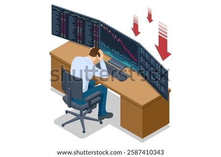 Isometric illustration of a distressed trader sitting on the ground with falling stock market charts and scattered money, symbolizing financial loss and a declining Stock crypto exchange graph.