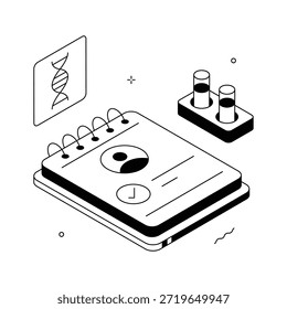 Ilustración isométrica de pruebas de ADN, investigación genética e innovación biológica.