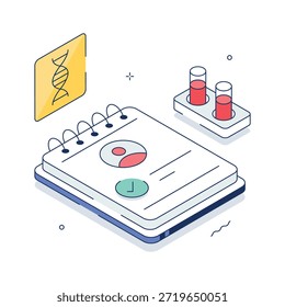 Isometric illustration of DNA testing, genetic research, and biological innovation.