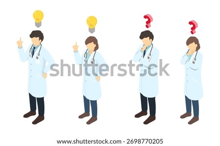 Isometric illustration: doctor having an idea and doctor thinking