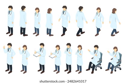 Isometric illustration: doctor various pose set