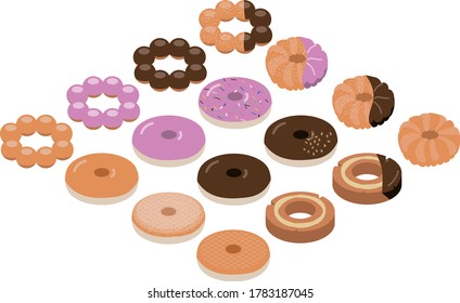 Isometric illustration of donut set. (french cruller,pon de rings,old-fashion)