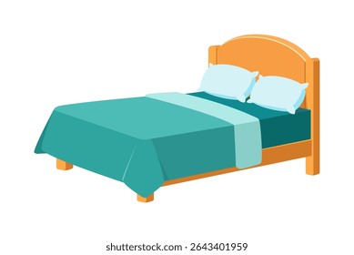 Isometric illustration of a double bed with two pillows and teal bedspread on white