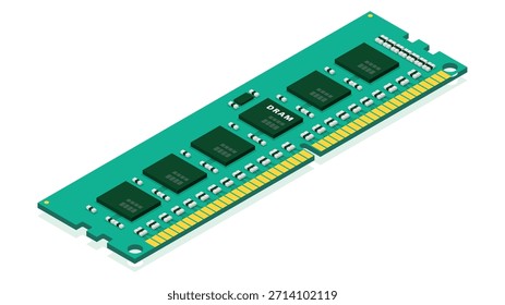 Ilustración isométrica de un módulo de memoria DRAM utilizado en sistemas informáticos, que admite el procesamiento general, así como cargas de trabajo de IA y computación de alto rendimiento