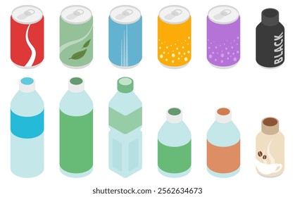 Isometric illustration: drinks in cans and plastic bottles