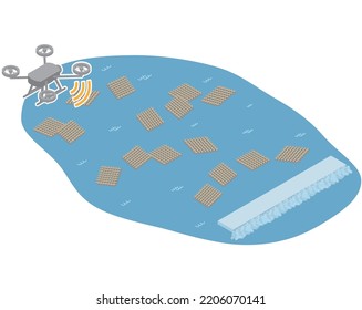 It is an isometric illustration of a drone that confirms the damage of cultured rafts due to the tsunami.