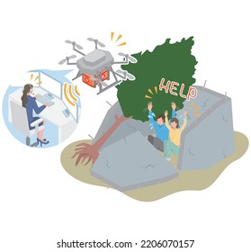 An isometric illustration of a drone that discovers a person trapped under rubble.