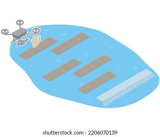 It is an isometric illustration of a drone that efficiently manages cultured rafts.