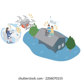 It is an isometric illustration of a drone that finds a person evacuating to the roof due to flooding of a house due to a disaster or flood.