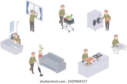 Isometric illustration of elderly man doing housework