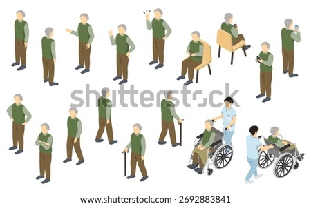 Isometric illustration: elderly men set