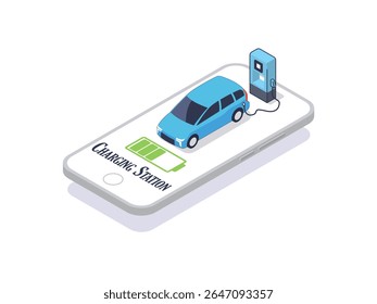 Ilustração isométrica de um carro elétrico sendo carregado em uma estação exibida em uma tela de smartphone. Conceito de carregamento de VE inteligente, tecnologia verde, interface de aplicativo móvel e so digital eco-friendly